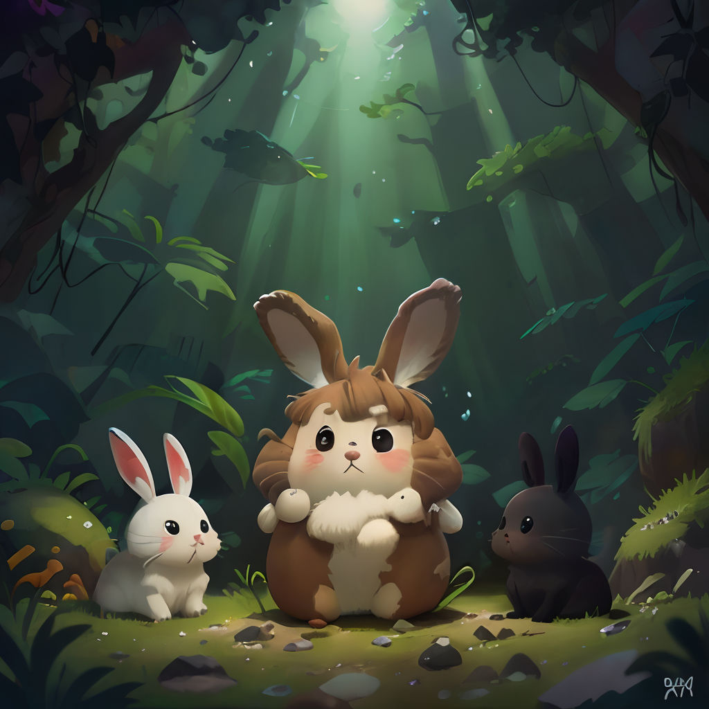 a rabbit and two rabbits sitting in the woods under a light beam with a forest background and a forest floor
