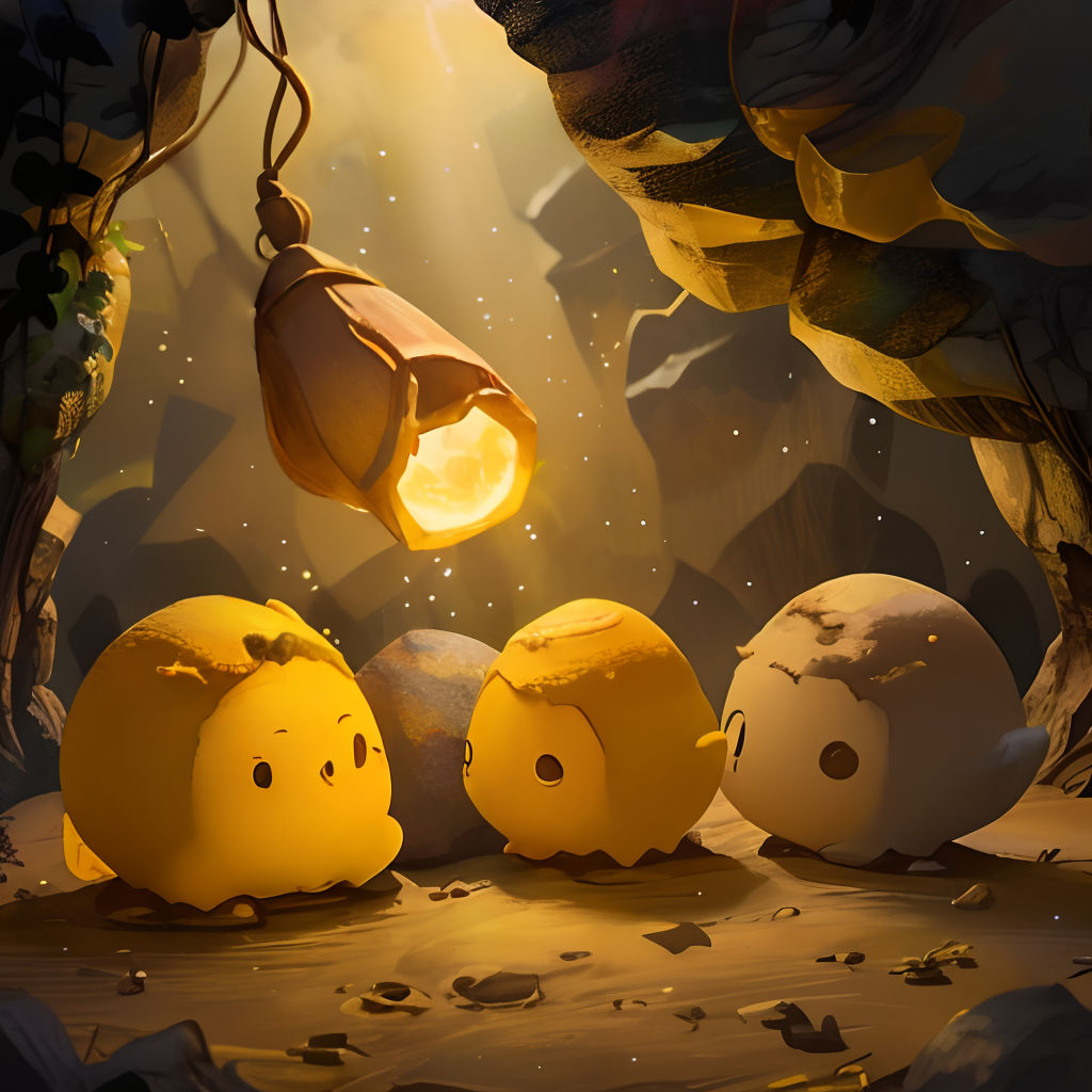 a group of yellow birds sitting next to each other under a light fixture in a cave with a lamp