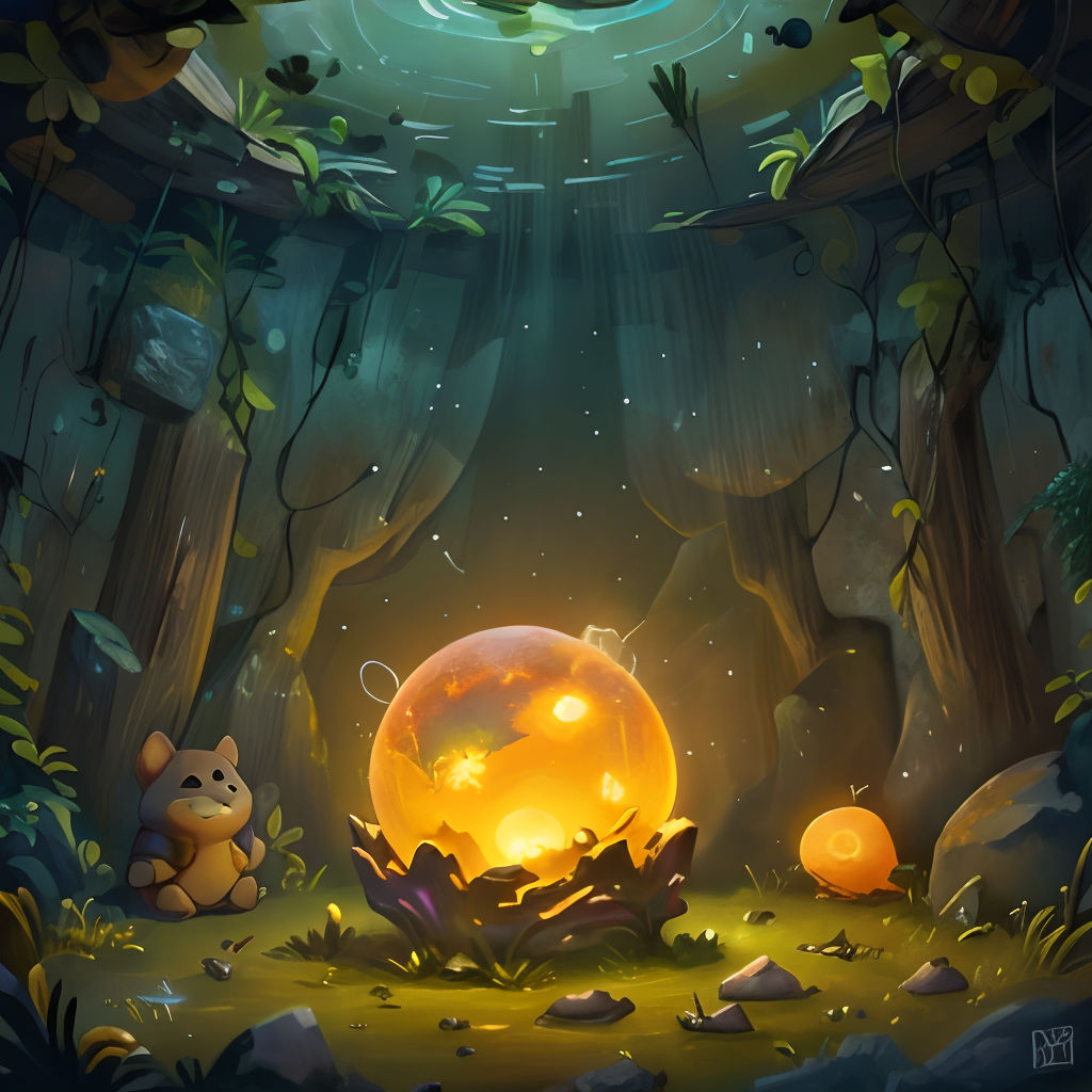 a cartoon scene of a cave with a glowing orb and a teddy bear sitting in the cave with a glowing orb