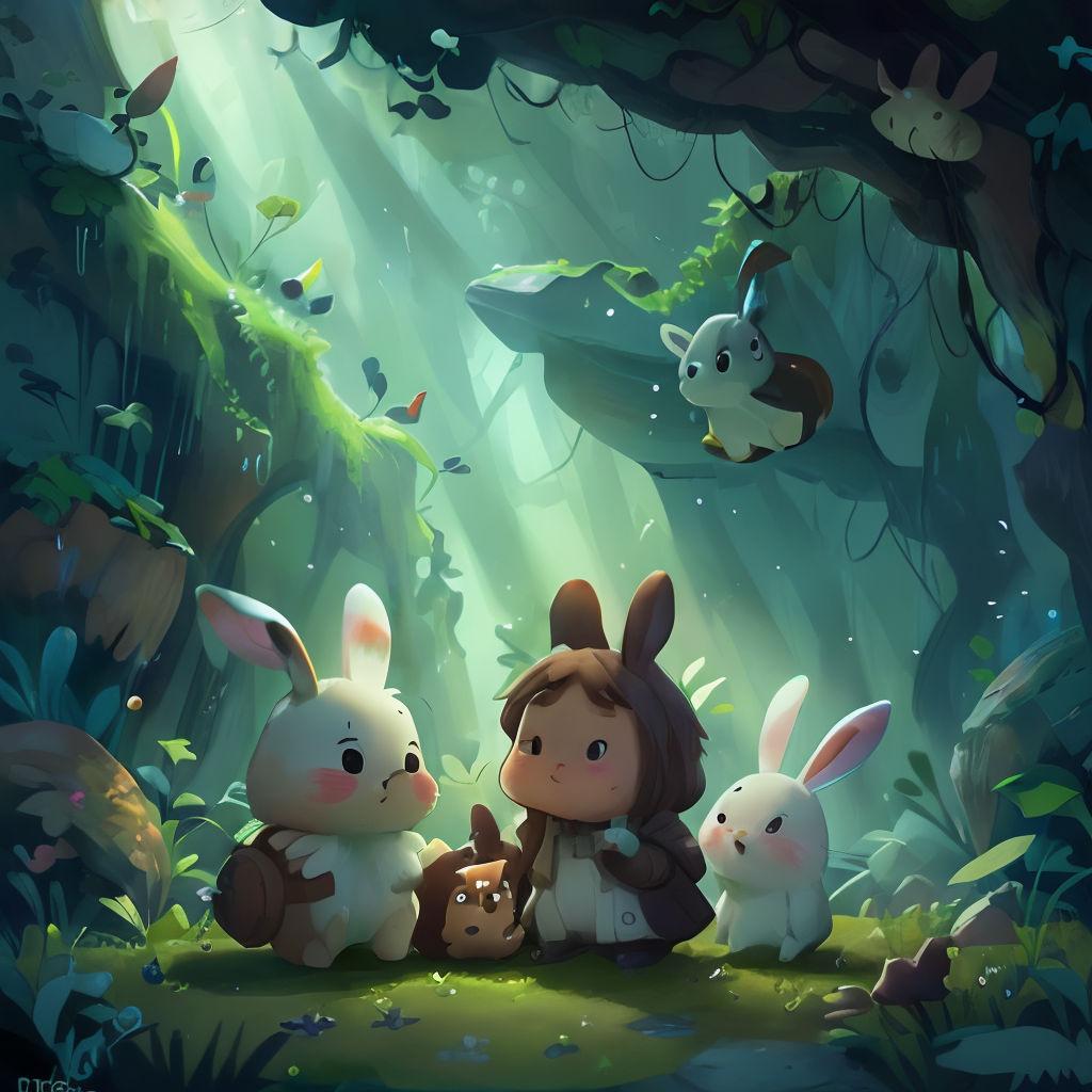 a little girl sitting next to two rabbits in a forest with a whale in the background and a forest with a lot of animals