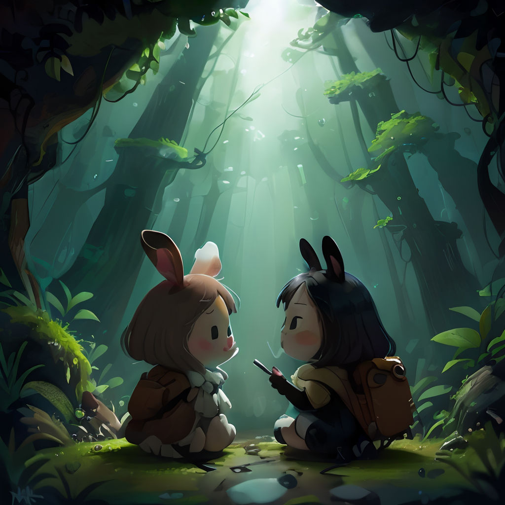 two rabbits sitting in the middle of a forest with a light shining down on them and a person holding a gun