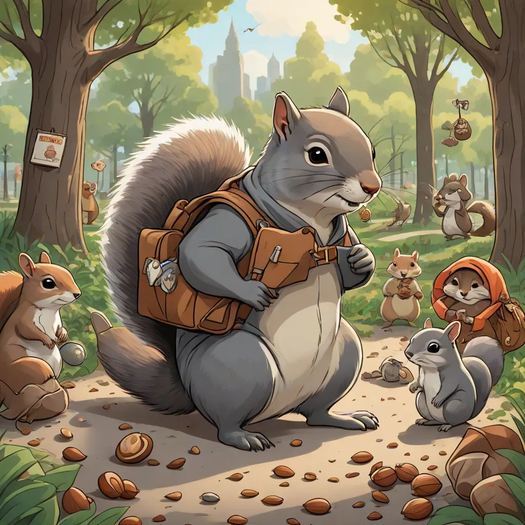 a squirrel with a backpack and other animals in a forest with trees and rocks on the ground and a building in the background, a storybook illustration, Chris LaBrooy, altermodern, official art