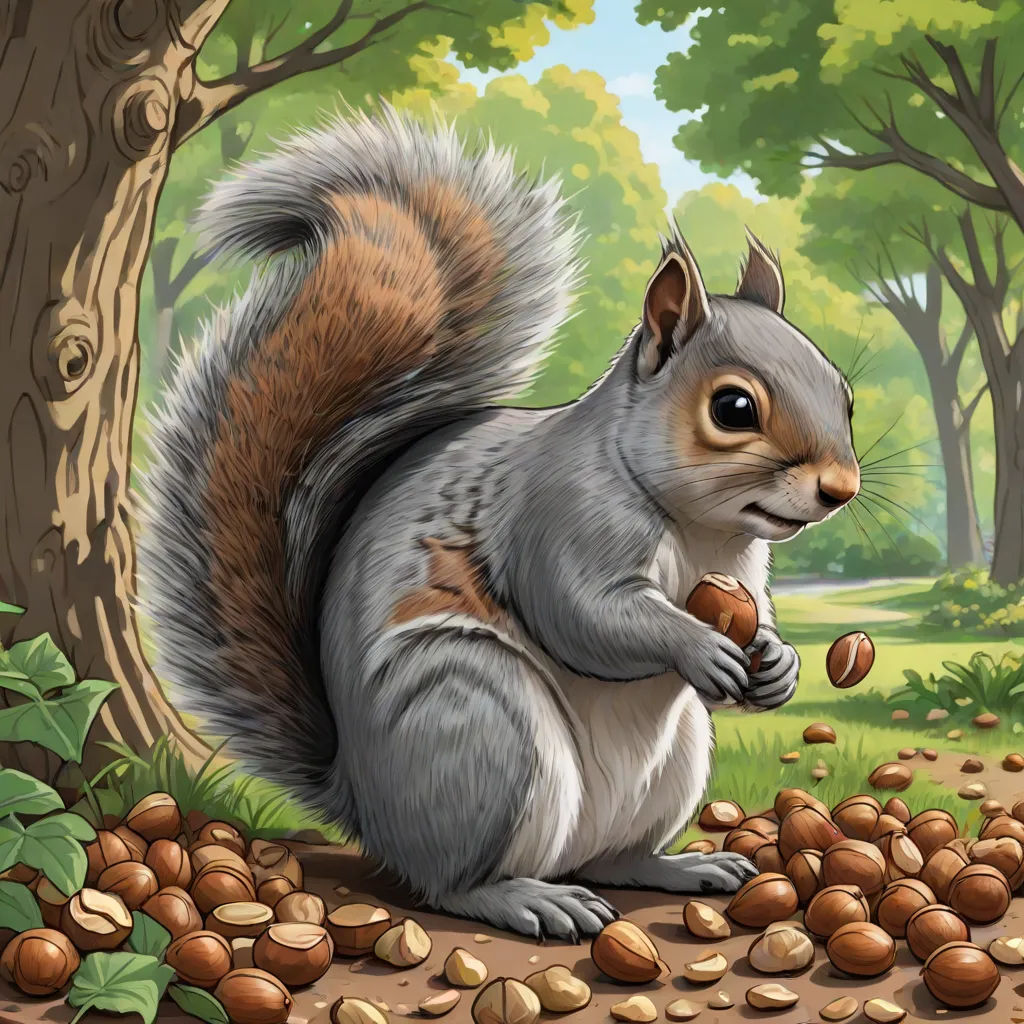 a squirrel eating nuts in a forest with trees and grass in the background, with a blue sky and clouds, a digital rendering, Chris LaBrooy, altermodern, official art