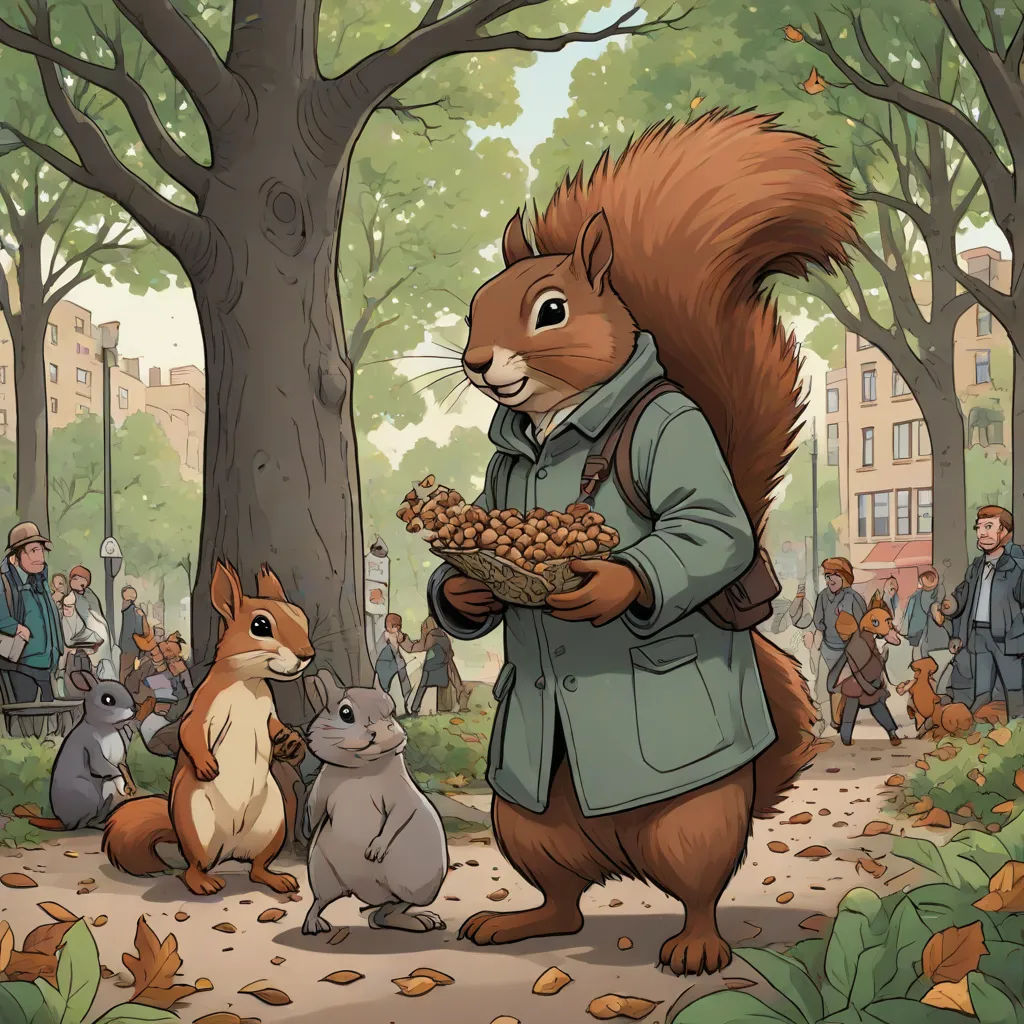 a squirrel is holding nuts in a park with other animals around it and people in the background watching him, a storybook illustration, Chris LaBrooy, furry art, official art