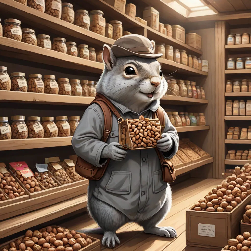 a cartoon character holding a box of nuts in a store filled with nuts and nutshells on shelves, a storybook illustration, Chris LaBrooy, furry art, official art