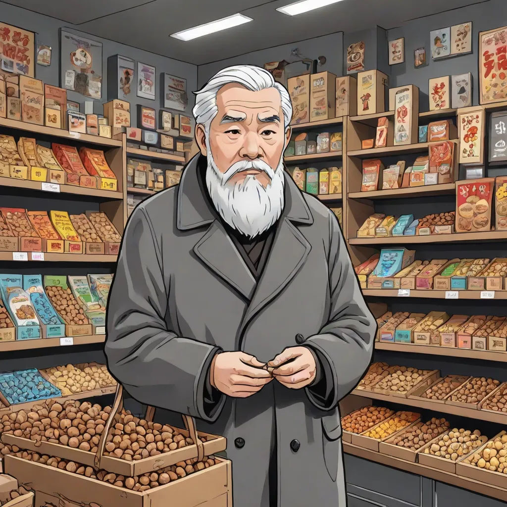 a man standing in front of a store filled with food items and a box of nuts in front of him, a character portrait, Ai Weiwei, serial art, official art