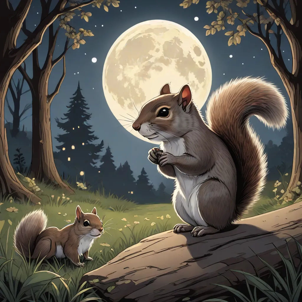 a squirrel and a squirrelling are sitting on a log in the woods at night with the moon in the background, a storybook illustration, Chris LaBrooy, fantasy art, storybook illustration