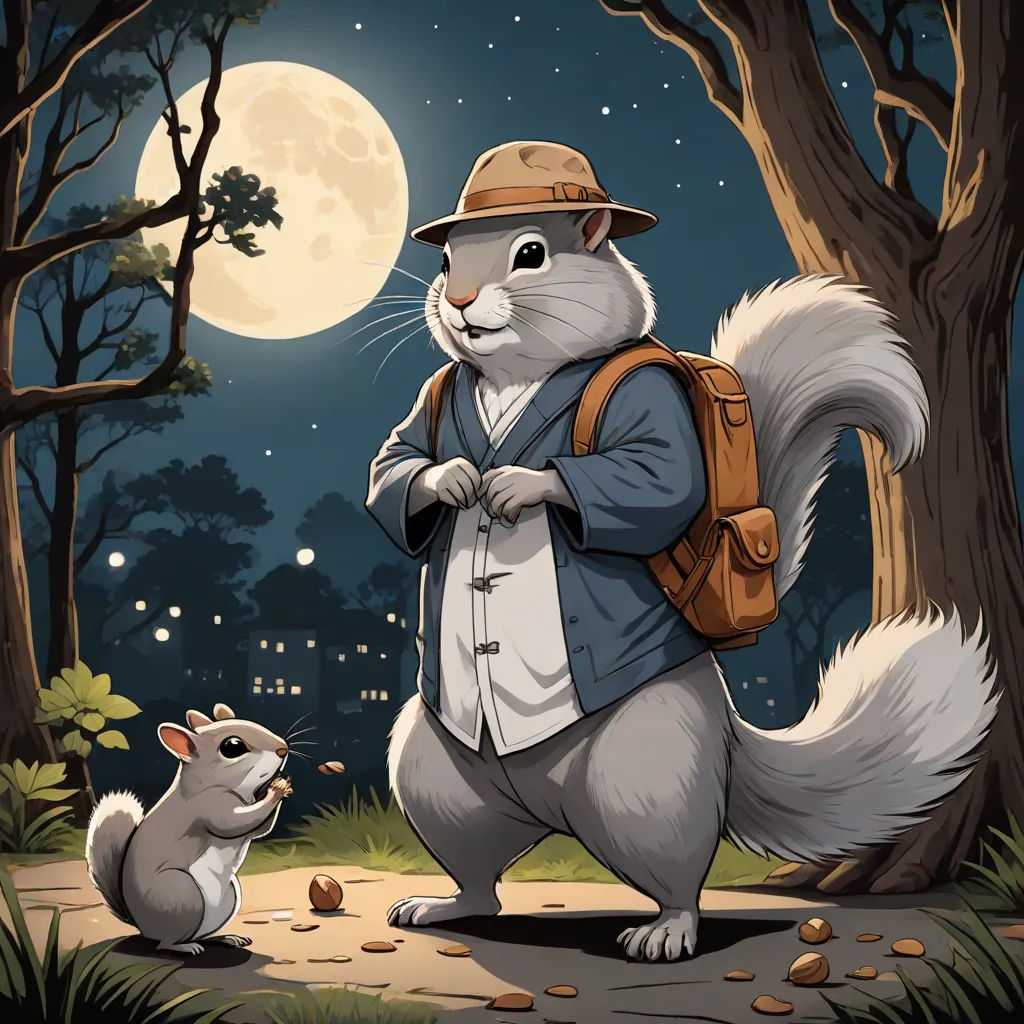 a squirrel and a squirrel in a forest at night with a full moon in the background illustration by alex macinne, a storybook illustration, Chris LaBrooy, fantasy art, official art