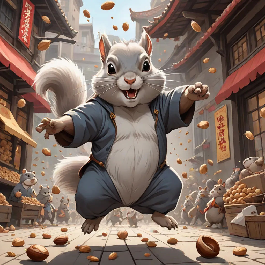 a cartoon squirrel is running through a street with a lot of nuts in his hand and a man in a blue suit is running behind him, a character portrait, Chris Rallis, altermodern, official art
