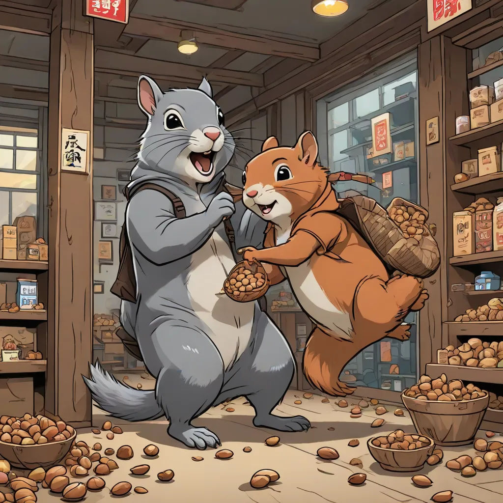 a cartoon squirrel and a squirrel holding nuts in a store with shelves full of nuts and nuts in baskets, a storybook illustration, Chris LaBrooy, furry art, official art