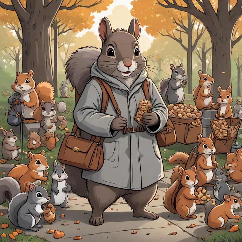 a squirrel is standing in front of a bunch of squirrels in a park with a basket of nuts, a storybook illustration, Chris LaBrooy, furry art, official art