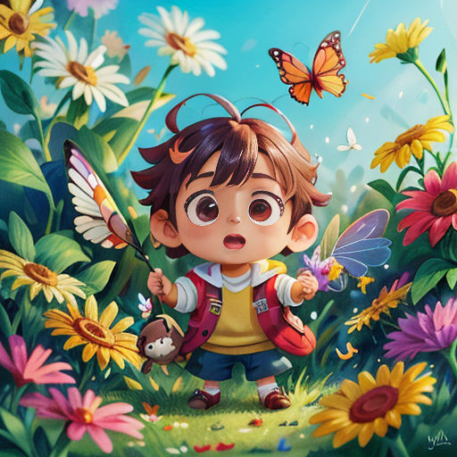 a little boy standing in a field of flowers with a butterfly on his shoulder and a teddy bear in his hand