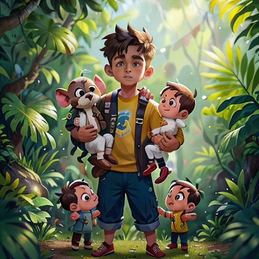 a boy holding a bunch of stuffed animals in a jungle with other small animals around him and a monkey on his shoulder