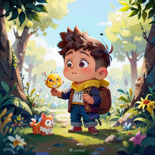 a boy in a forest holding a yellow bird in his hand and looking at it in the distance with a forest background