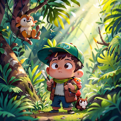 a boy in a forest with a monkey and a monkey on his back, and a monkey on his shoulder