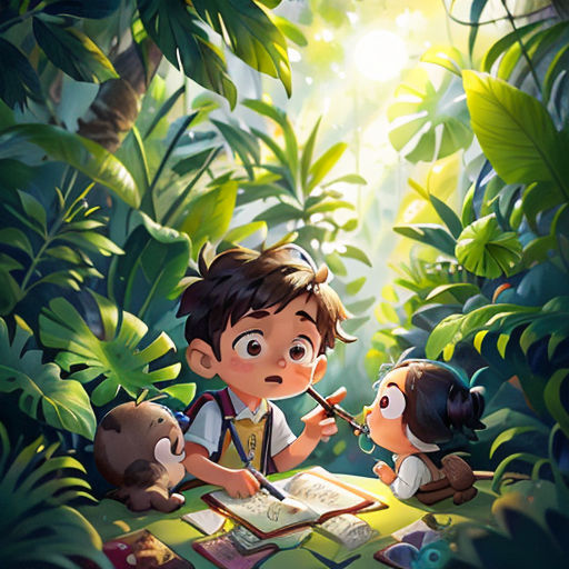 a boy and a girl are sitting in the jungle reading a book and writing something on a book with a pencil