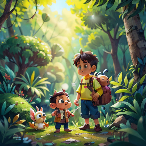 a boy and a girl are standing in the woods with a backpack and a dog in front of them