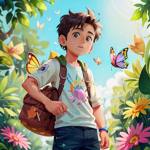 a boy with a backpack and butterflies in the background of a painting of a boy with a butterfly on his shoulder