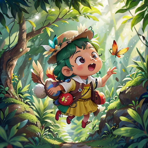 a girl flying through the air in a forest with a butterfly flying above her head and a butterfly flying above her head