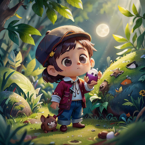 a little boy standing in the middle of a forest with a teddy bear in his hand and a flashlight in his hand