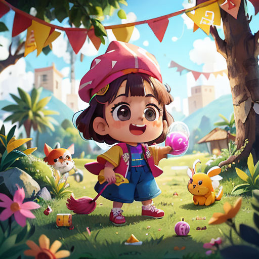 a girl in a pink hat is playing with a bubble gump in a cartoon style scene with a cat and a dog