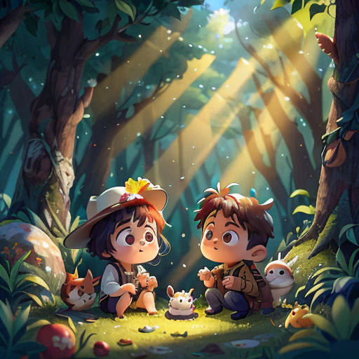 two children sitting in the woods with a cat and a dog in front of them, with a light shining on them