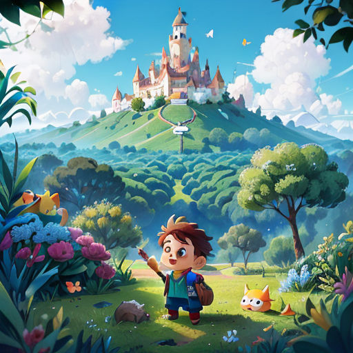 a boy is standing in the middle of a field with a castle in the background and a bird flying over him