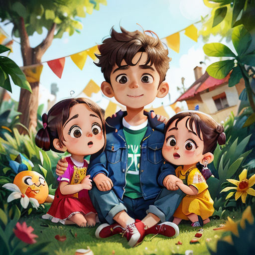 a boy and two girls sitting in the grass with a teddy bear in front of them and a banner in the background