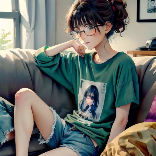 a woman sitting on a couch with her legs crossed and her shirt pulled back with a picture of a girl on it