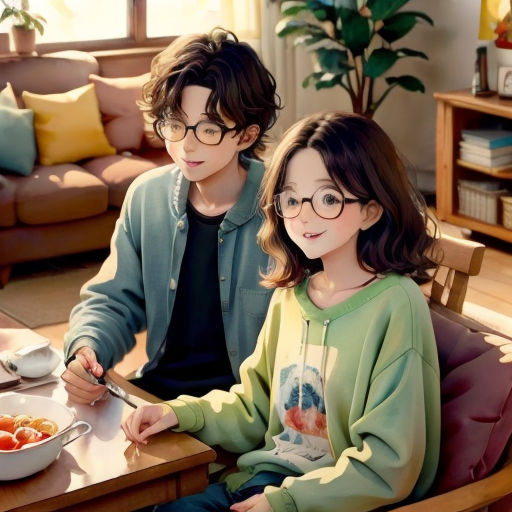a boy and a girl sitting at a table with a bowl of food in front of them and a bowl of fruit in the background