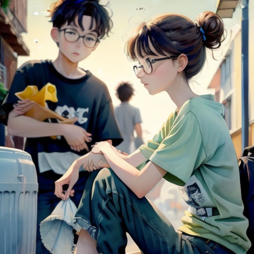 a couple of people sitting on the ground near a trash can and a trash can with a bird on it