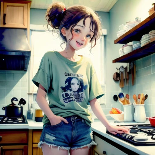 a girl standing in a kitchen with her hands on her hips and smiling at the camera, with a messy bun in her hair