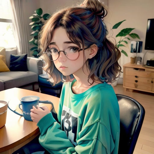 a girl with glasses sitting at a table with a cup of coffee in front of her and a plant in the background