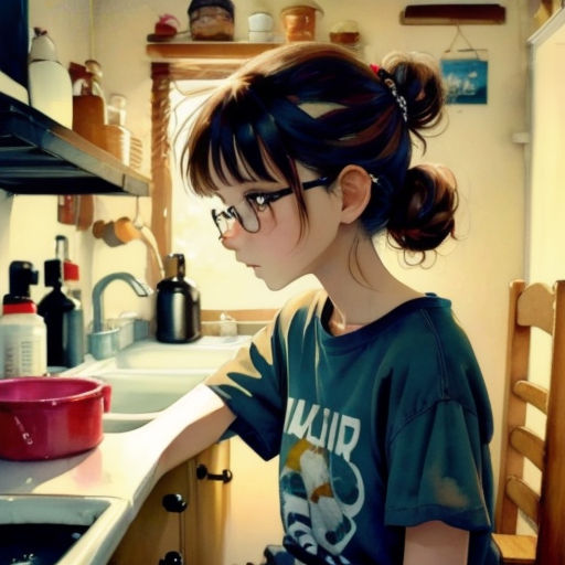 a girl with glasses is looking at a plate of food in the kitchen sink while she is cooking a meal