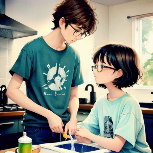 a boy and a girl are in the kitchen together and one boy is cutting something with a knife and a spoon