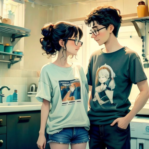 a couple of people standing in a kitchen next to each other with glasses on their faces and one person wearing a t - shirt with a picture of a woman