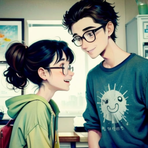 a couple of people standing next to each other in a kitchen together, one of them is wearing glasses