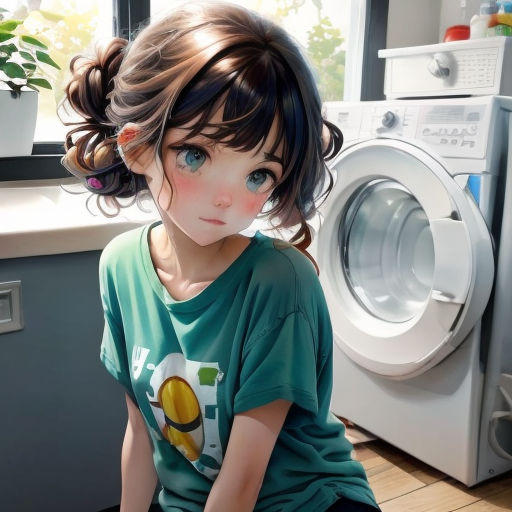 a girl sitting on a kitchen floor next to a washing machine and a window with a washing machine behind her