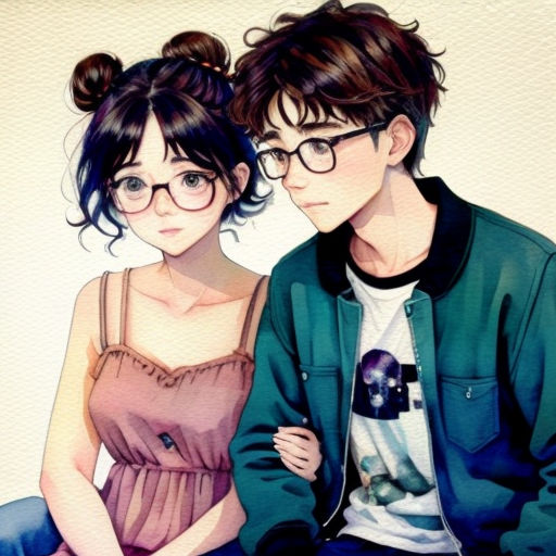 a couple of people sitting next to each other on a couch with a painting of them on the wall