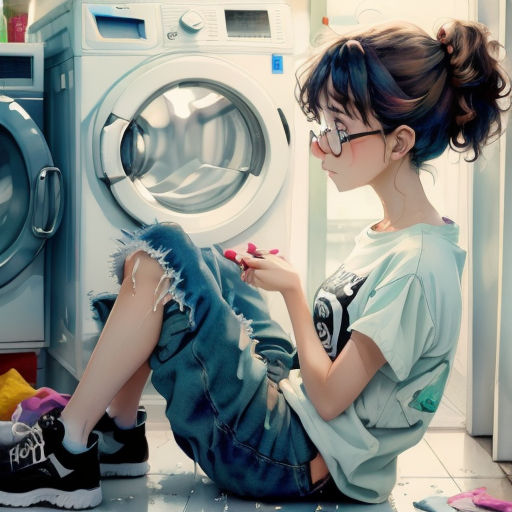 a woman sitting on the floor next to a washing machine and a dryer with a pair of scissors