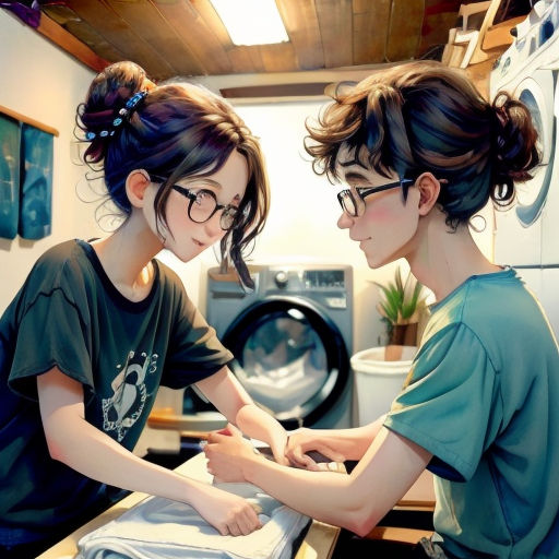 two people sitting at a table with a washer in the background and a dryer in the foreground