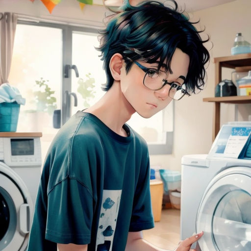 a boy with glasses looking at a washing machine in a room with a washing machine and a washing machine