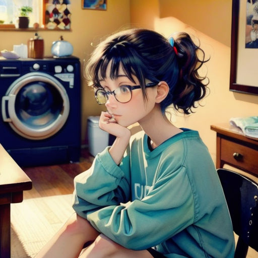 a girl sitting on a chair in front of a washer and a desk with a computer on it