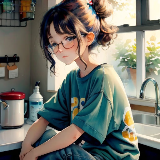 a painting of a girl sitting on a kitchen counter with a sink and a window behind her, with a potted plant in the corner