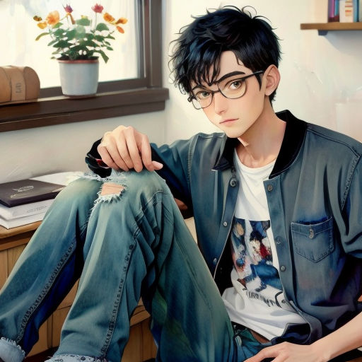 a man with glasses sitting on a desk next to a window and a plant in a potted planter