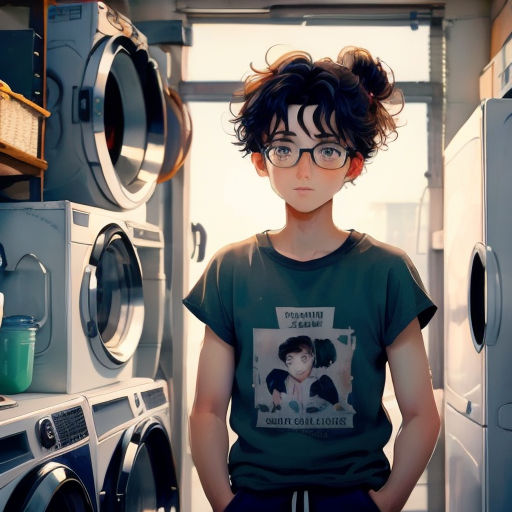 a woman standing in a room with a bunch of washers and dryers behind her and a picture of a boy with glasses on her shirt
