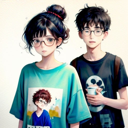 two young people with glasses and a t - shirt with a picture of a boy and girl on it