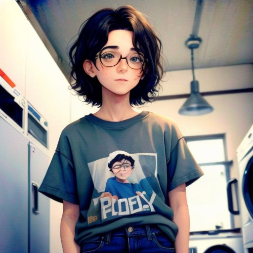 a young woman wearing glasses standing in a kitchen next to a washer and dryer machine, with a t - shirt with a picture of a young man on it