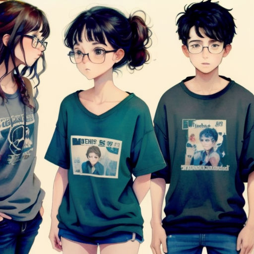 three people wearing t - shirts with pictures of them on them and one of them is wearing glasses and the other is wearing a t - shirt with a picture of a boy