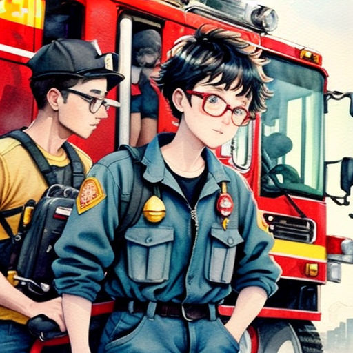 a painting of two fire fighters standing next to a fire truck with a ladder on it's side